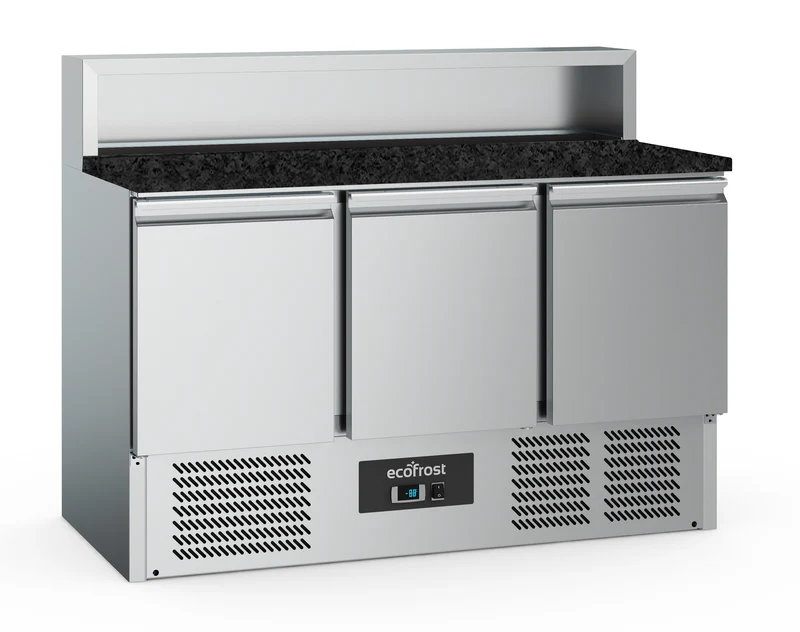 Pizzatisch 3 Türen 8x1/6GN Behälter Schwarze Granit-Arbeitsplatte - 1365x700x1075 mm - 0.24 kW