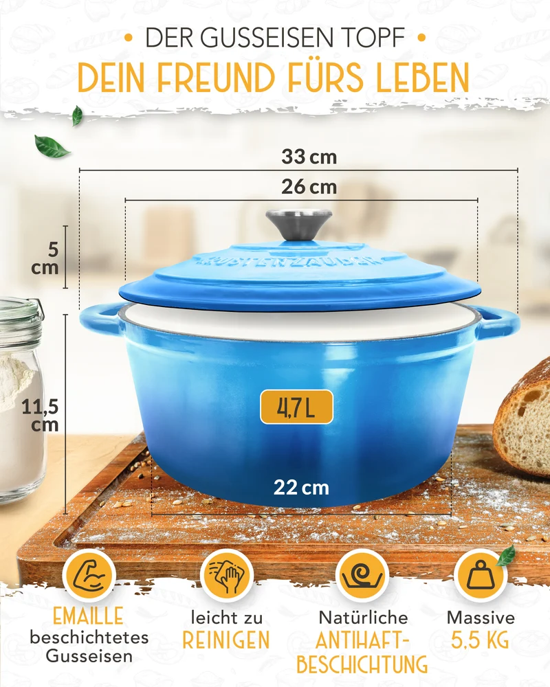 Einsteiger-Set – Gusseisentopf Emaille Blau 4,7 l, Zubehör & Rezept-Booklet