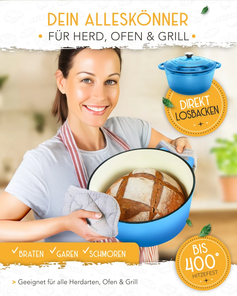 Einsteiger-Set – Gusseisentopf Emaille Blau 4,7 l, Zubehör & Rezept-Booklet