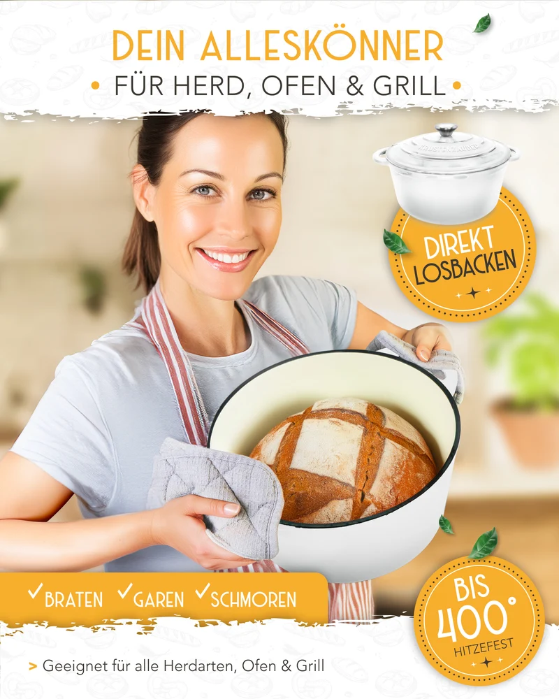 Einsteiger-Set – Gusseisentopf Emaille Weiß 4,7 l, Zubehör & Rezept-Booklet