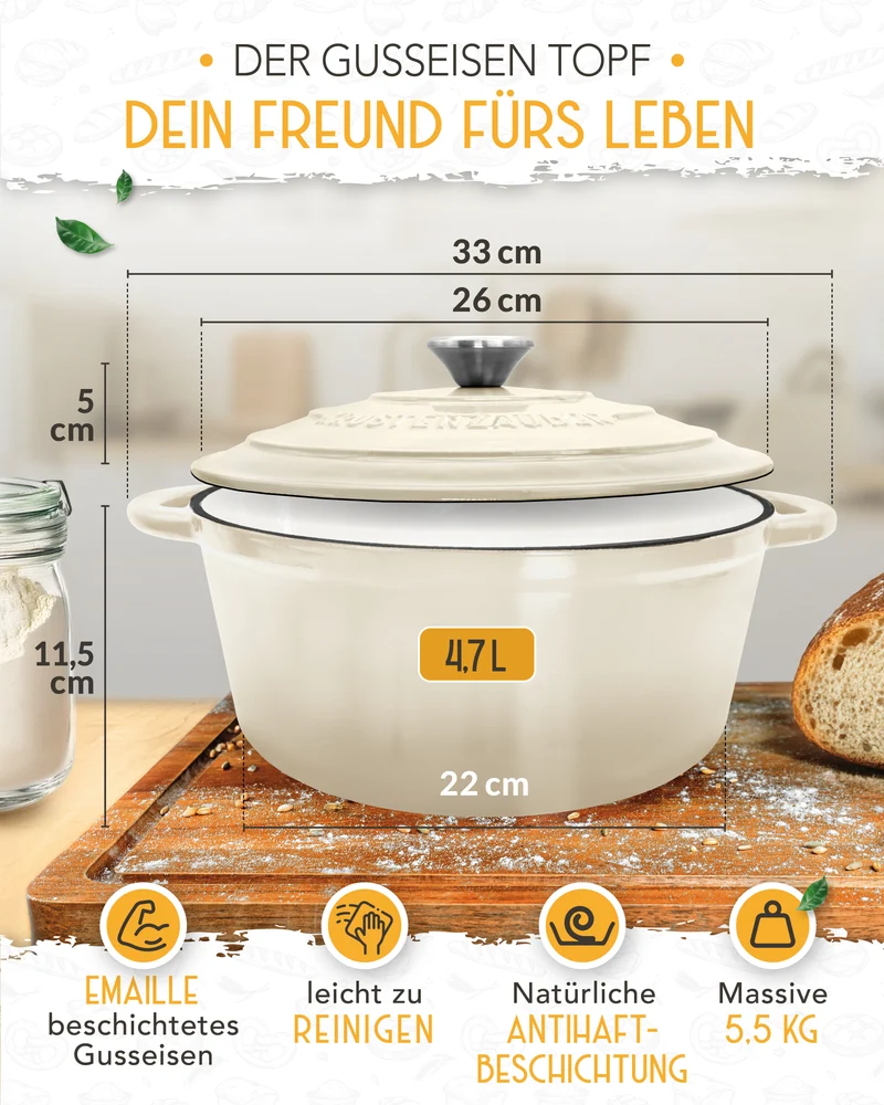 Einsteiger-Set – Gusseisentopf Emaille Creme 4,7 l, Zubehör & Rezept-Booklet