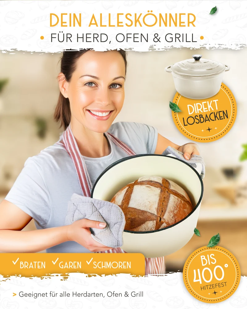 Einsteiger-Set – Gusseisentopf Emaille Creme 4,7 l, Zubehör & Rezept-Booklet