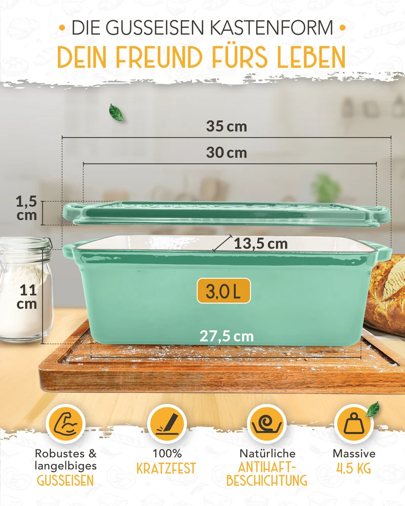 Einsteiger-Set – Emaille Brotbackform 28cm mit Deckel Mint, Zubehör & Rezept-Booklet