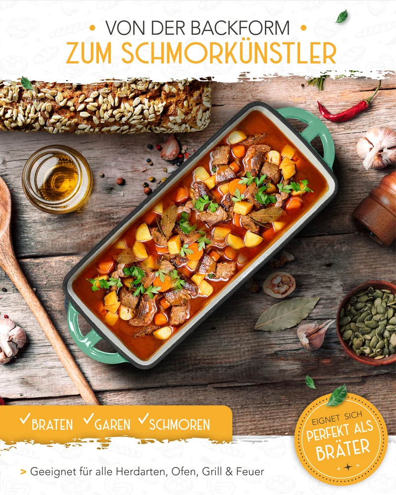Einsteiger-Set – Emaille Brotbackform 28cm mit Deckel Mint, Zubehör & Rezept-Booklet