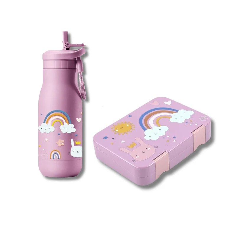 JENARD Brotdose & Trinkflasche Set für Kinder – Rosa | Regenbogen