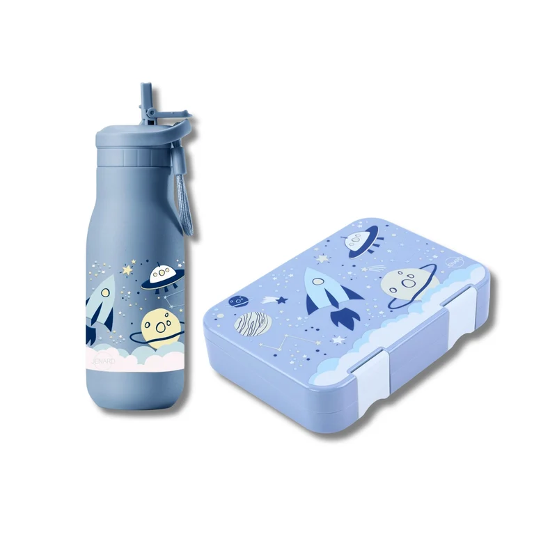 JENARD Brotdose & Trinkflasche Set für Kinder – Blau | Weltraum