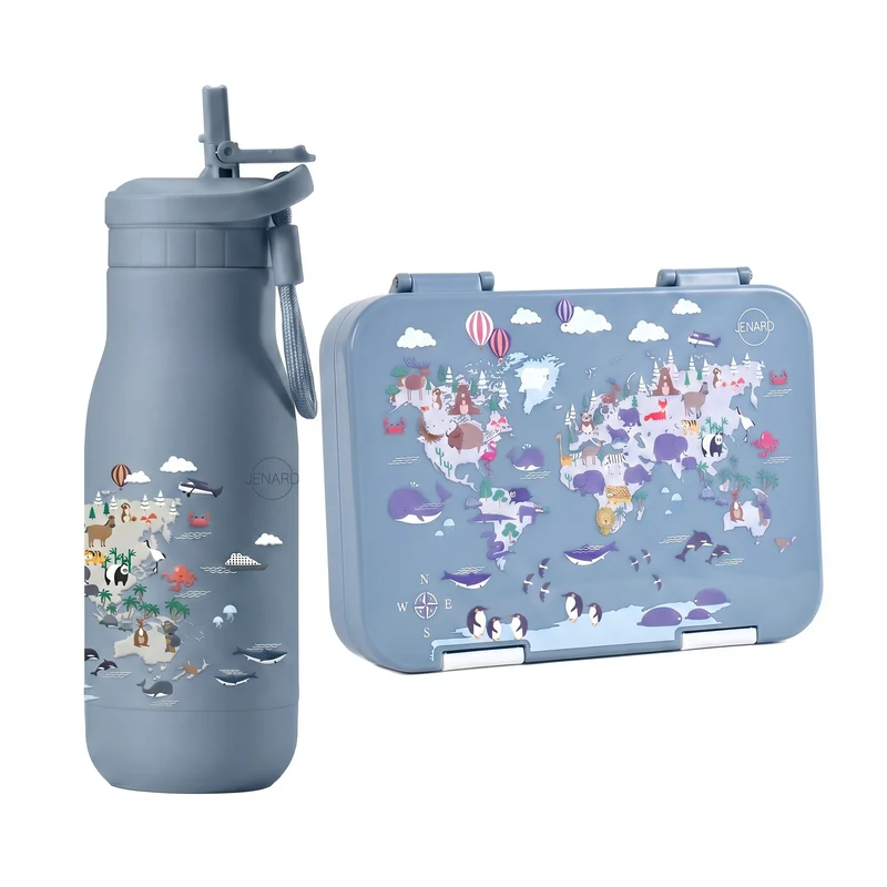 JENARD Brotdose & Trinkflasche Set für Kinder – Blau | Weltkarte