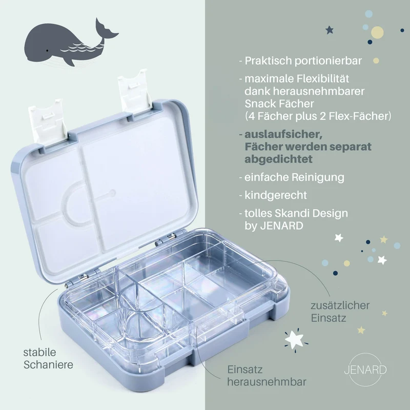 Brotdose Kinder auslaufsicher mit Fächern – Bento Lunchbox Kindergarten BPA frei - Weltkarte mit Tiere – JENARD