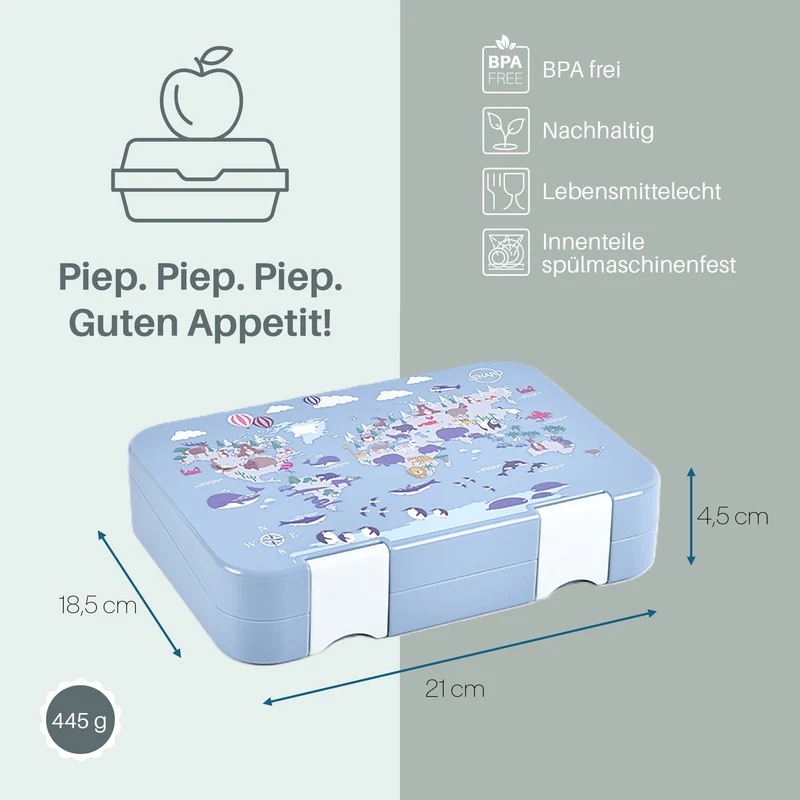 Brotdose Kinder auslaufsicher mit Fächern – Bento Lunchbox Kindergarten BPA frei - Weltkarte mit Tiere – JENARD