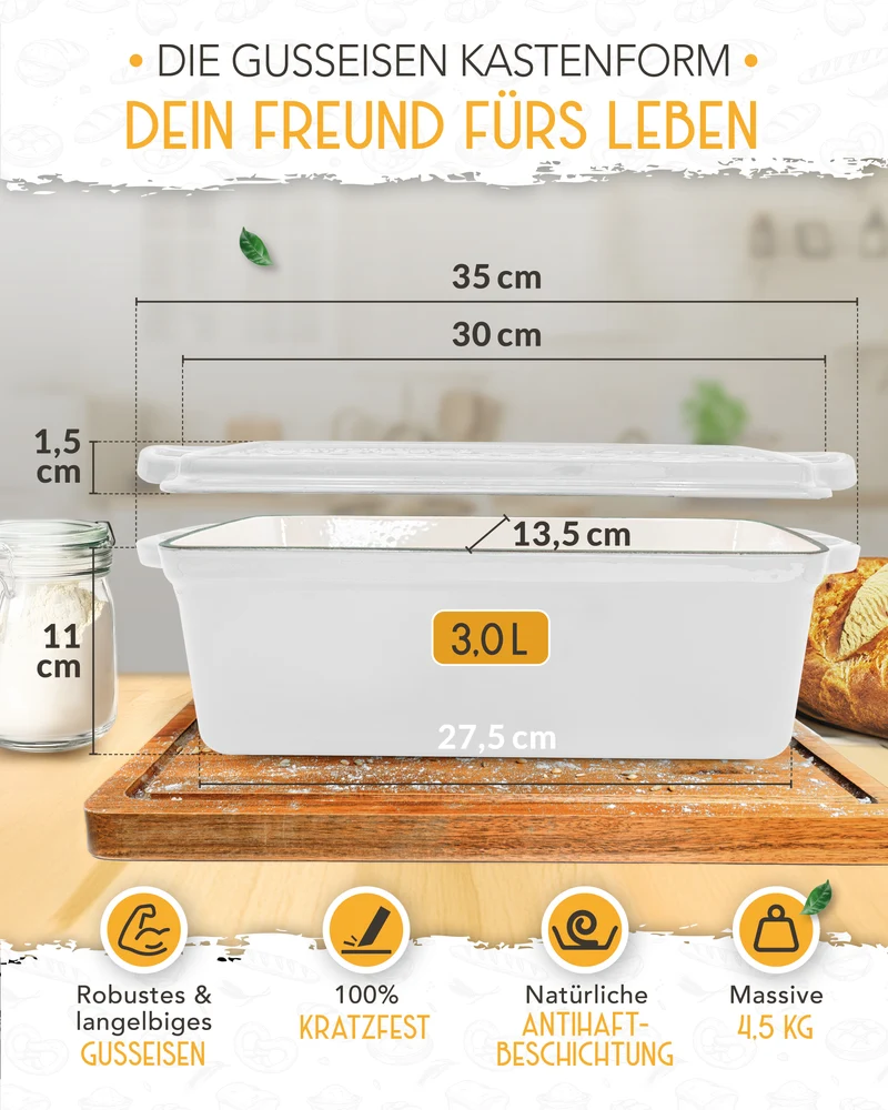 Einsteiger-Set – Emaille Brotbackform 28cm mit Deckel Weiß, Zubehör & Rezept-Booklet