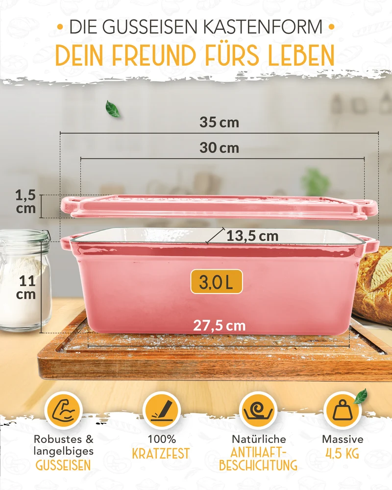 Einsteiger-Set – Emaille Brotbackform 28cm mit Deckel Rosa, Zubehör & Rezept-Booklet