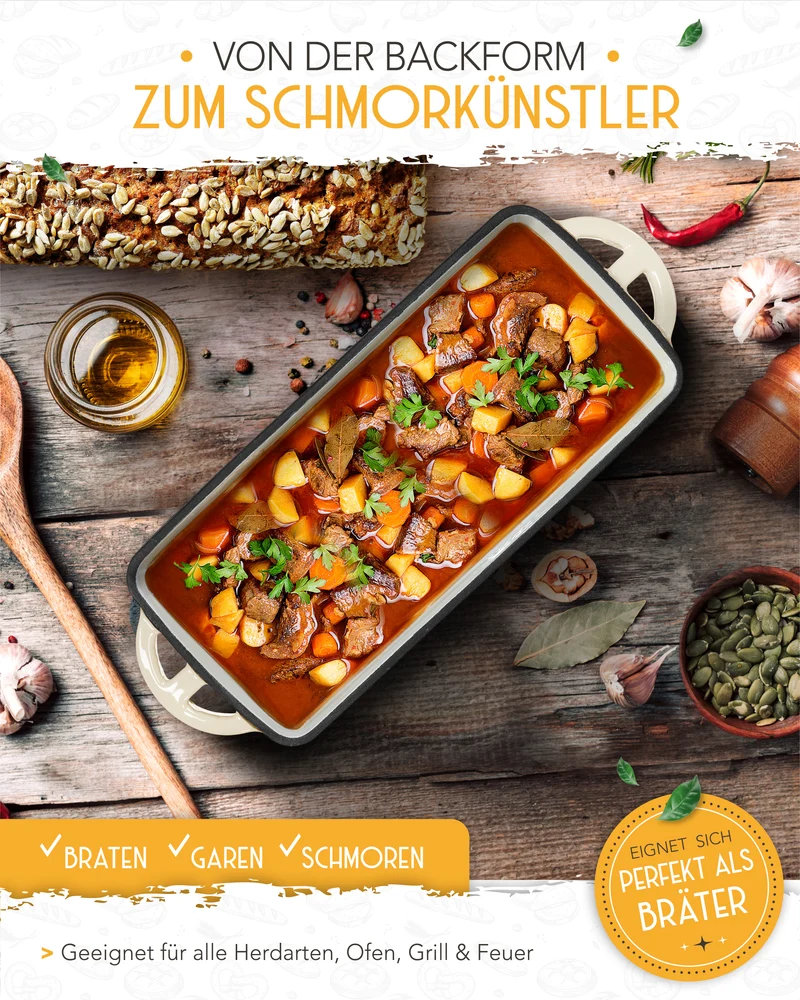 Einsteiger-Set – Emaille Brotbackform 28cm mit Deckel Creme, Zubehör & Rezept-Booklet