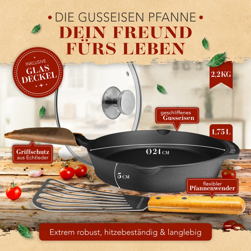 Gusseisenpfanne 24cm mit Deckel und Pfannenwender