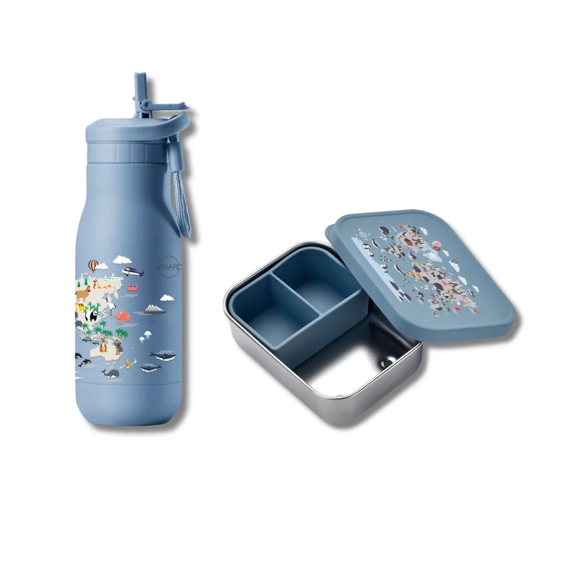 Brotdose & Trinkflasche Set Kinder aus Edelstahl – Weltkarte Blau