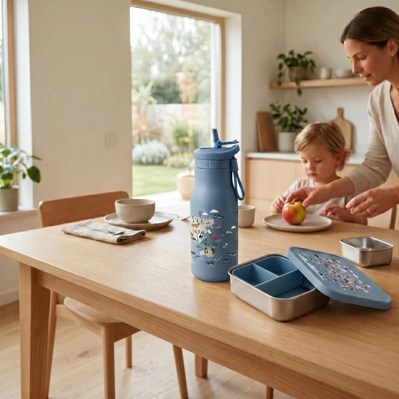 Brotdose & Trinkflasche Set Kinder aus Edelstahl – Weltkarte Blau