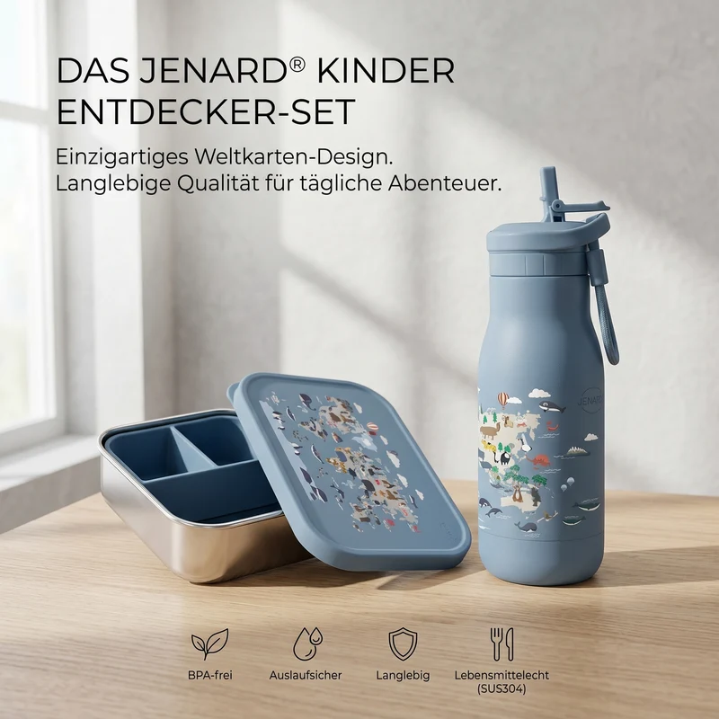 Brotdose & Trinkflasche Set Kinder aus Edelstahl – Weltkarte Blau