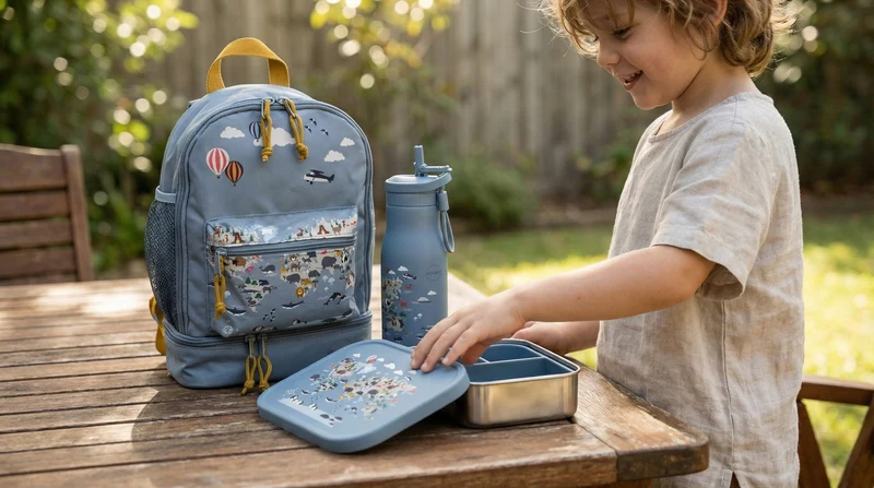 Brotdose & Trinkflasche Set Kinder aus Edelstahl – Weltkarte Blau