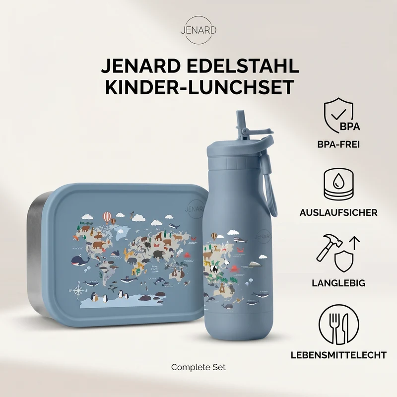 Brotdose & Trinkflasche Set Kinder aus Edelstahl – Weltkarte Blau