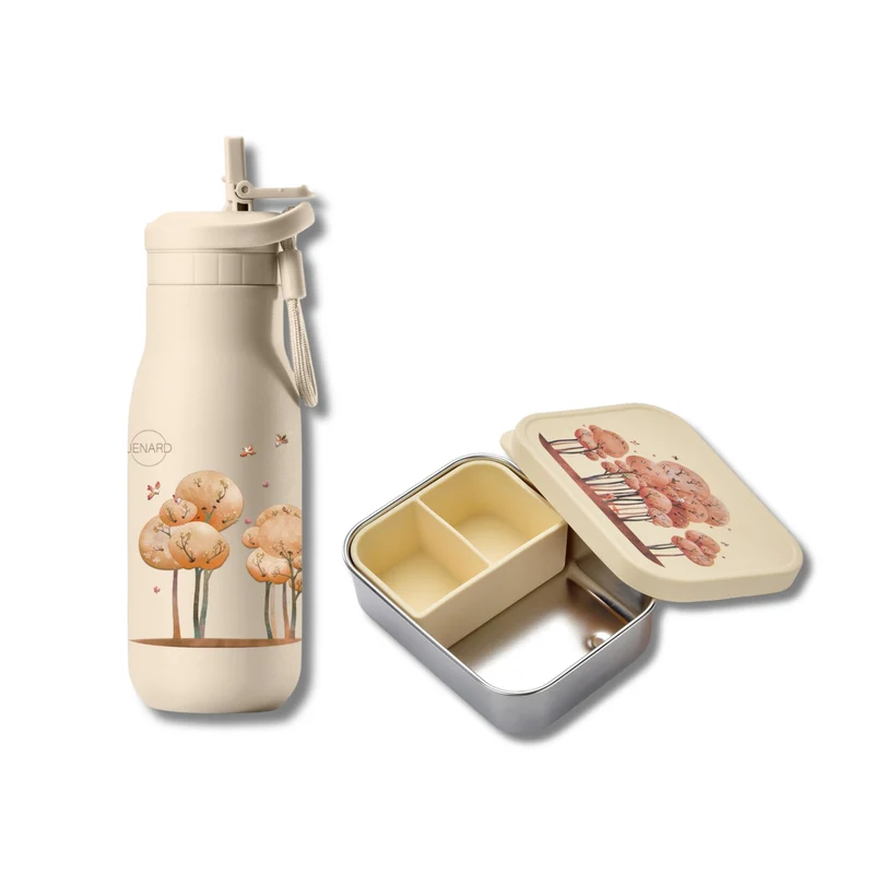 Brotdose & Trinkflasche Set Kinder aus Edelstahl – Waldtiere Creme