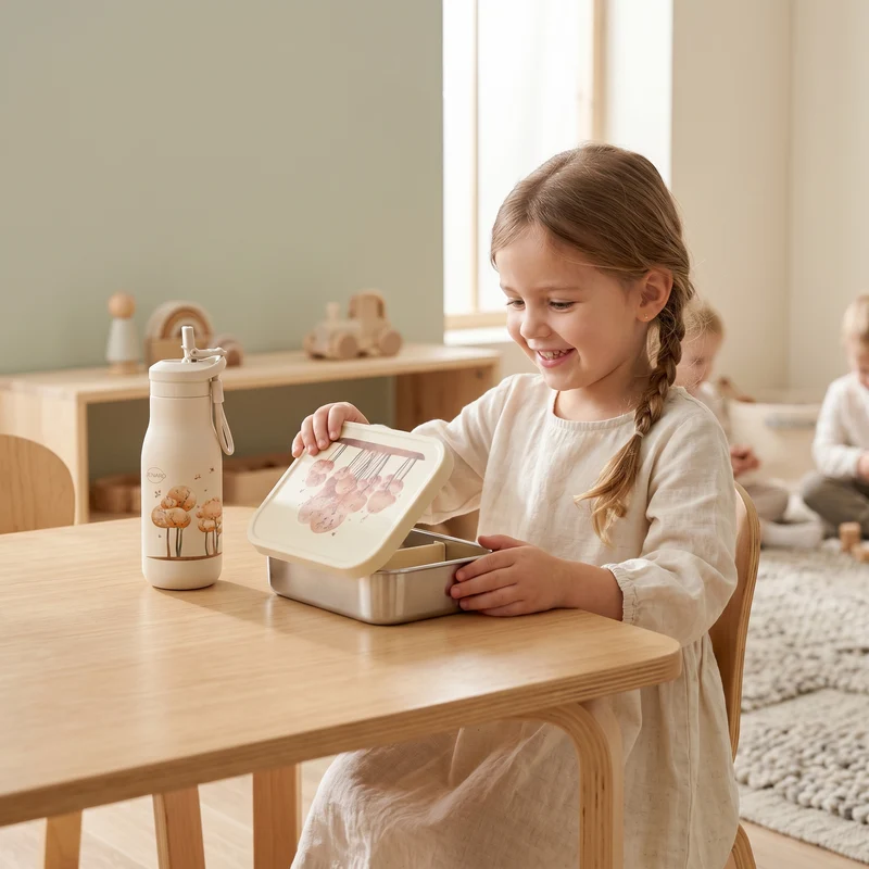 Brotdose & Trinkflasche Set Kinder aus Edelstahl – Waldtiere Creme