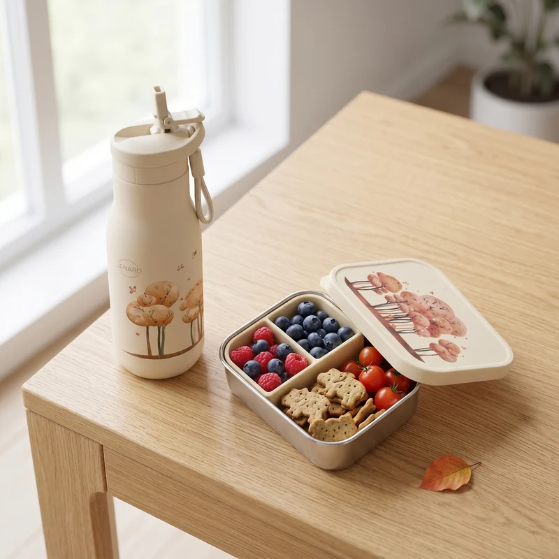 Brotdose & Trinkflasche Set Kinder aus Edelstahl – Waldtiere Creme