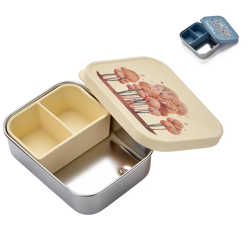 Brotdose & Trinkflasche Set Kinder aus Edelstahl – Waldtiere Creme