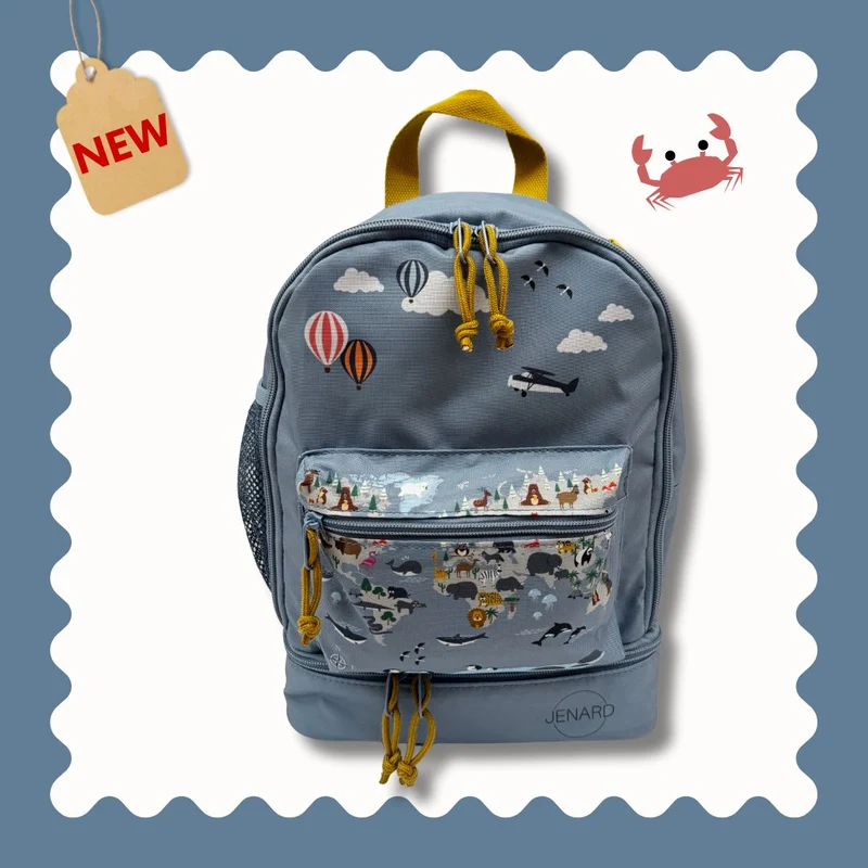 JENARD® Kinder 4er-Set Blau – Rucksack, Trinkflasche, Brotdose groß & klein – Kinder Lunchbox Set mit Flasche – Blau / Weltkarte mit Tiere