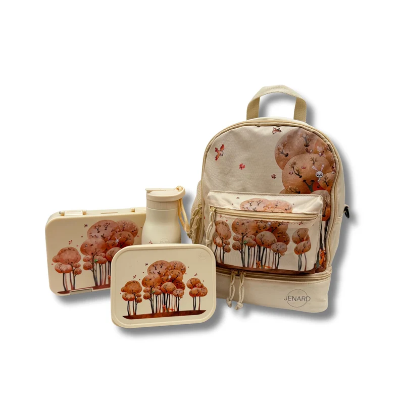 JENARD® Kinder 4er-Set Creme – Rucksack, Trinkflasche, Brotdose groß & klein – Kinder Lunchbox Set mit Flasche – Design Tiere im Wald