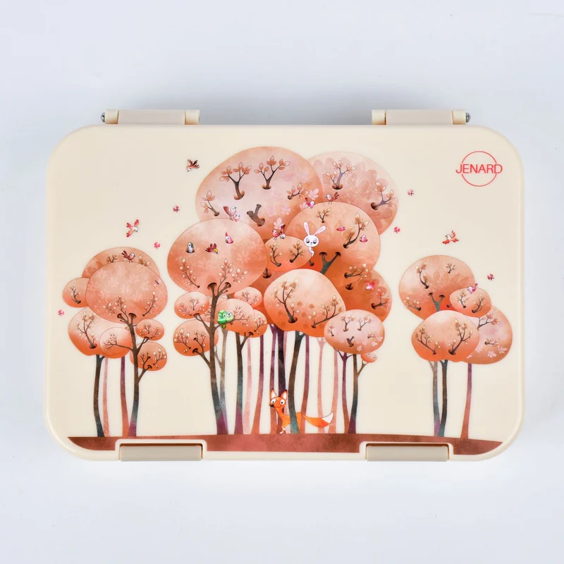 JENARD® Kinder 4er-Set Creme – Rucksack, Trinkflasche, Brotdose groß & klein – Kinder Lunchbox Set mit Flasche – Design Tiere im Wald