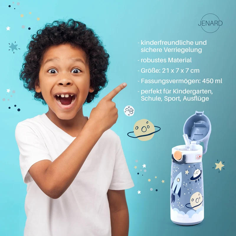 JENARD® Trinkflasche für Kinder aus doppelwandigem Edelstahl - Blau / Weltraum Space