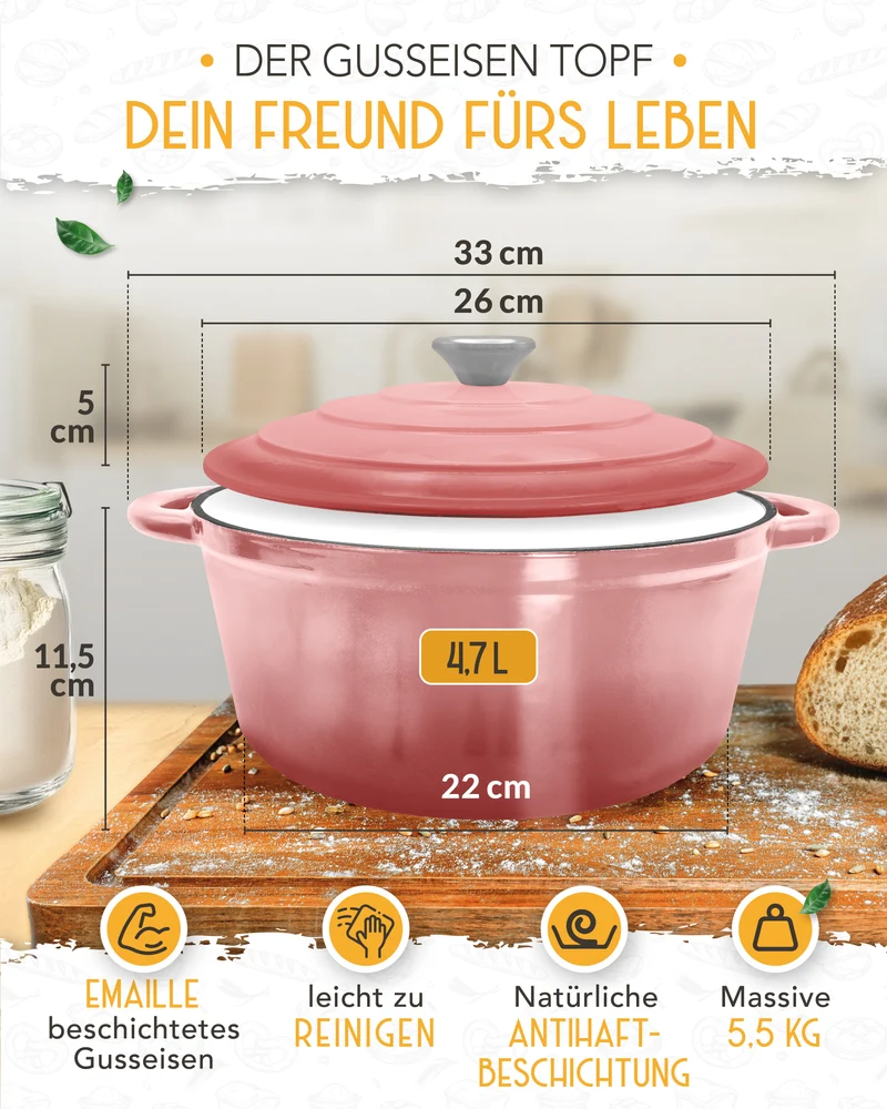 26cm Emaille Gusseisentopf in Rosa - Einzeln