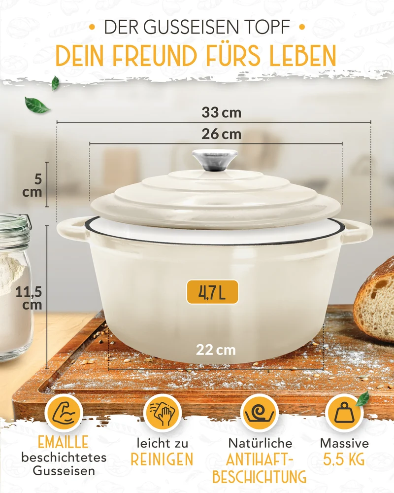 26cm Emaille Gusseisentopf in Creme - Einzeln