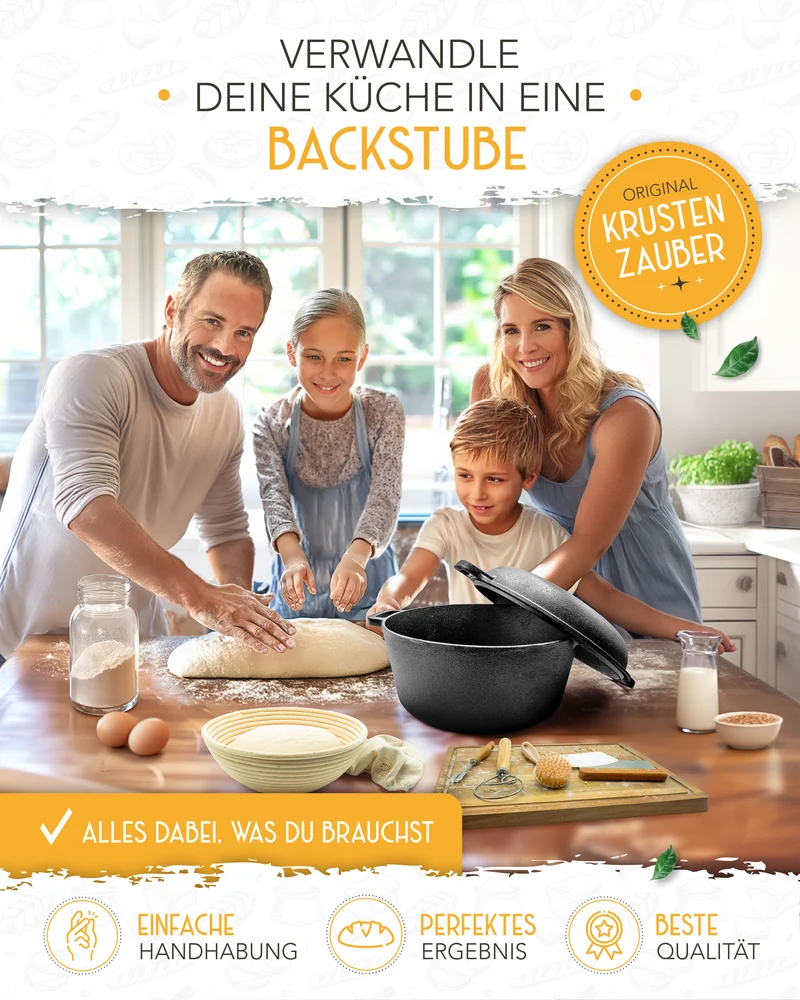 Brotliebe-Set – Gusseisentopf 4,7 l, Zubehör & Rezept-Booklet in stilvoller Verpackung