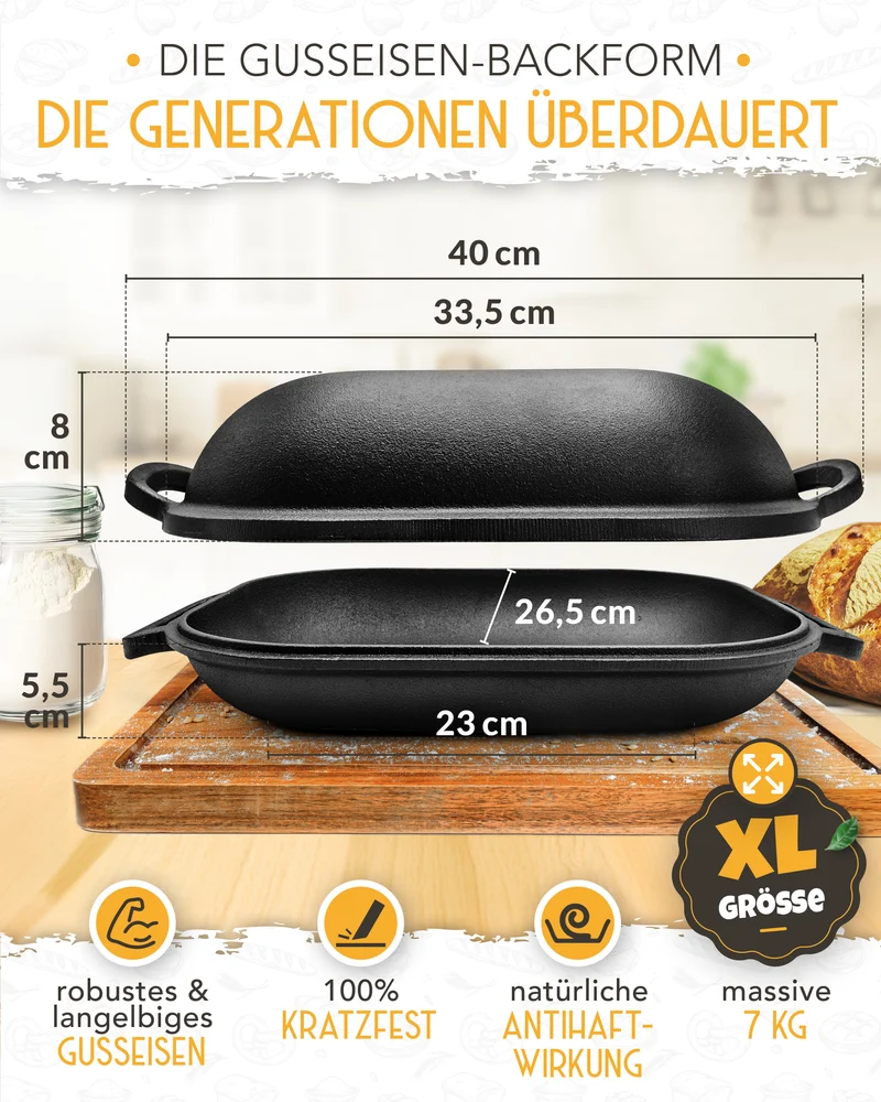 2-in-1 Gusseisen Bräter 40cm mit Deckel inkl. Gärkorb