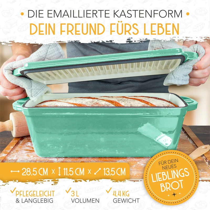 Emaille Brotbackform 28cm mit Deckel in Mint