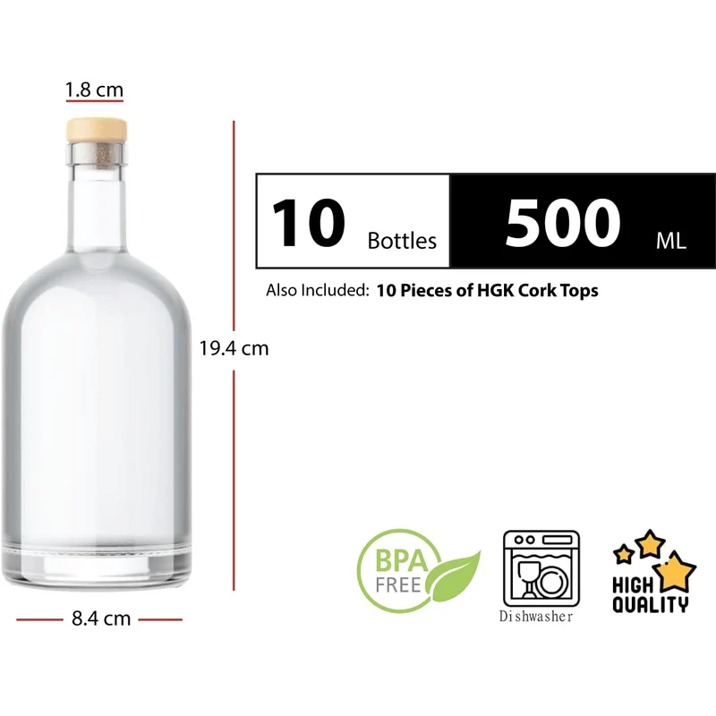 10 Glasflaschen 500ml – Likörflaschen, Schnapsflaschen 0,5 Liter zum Befüllen – Saftflaschen für Geschenke mit Kunststoffkorken Nokturne