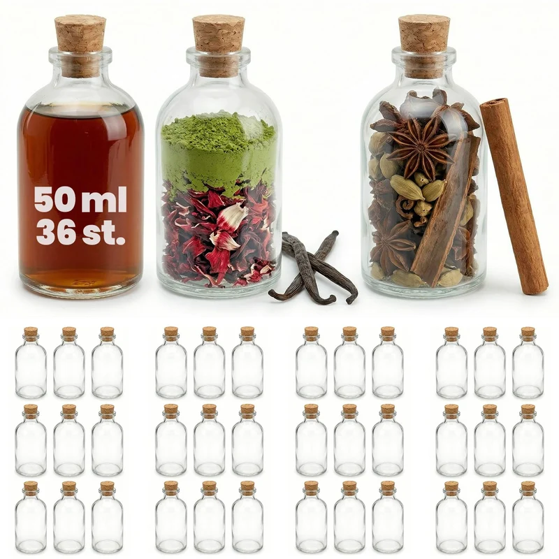 casavetro 36 Glasflaschen 50ml mit Korken – Kleine Flaschen zum Befüllen klar & leer – Likörflaschen Glasfläschchen Mini 50 ml für Deko Gastgeschenke DIY Hochzeit