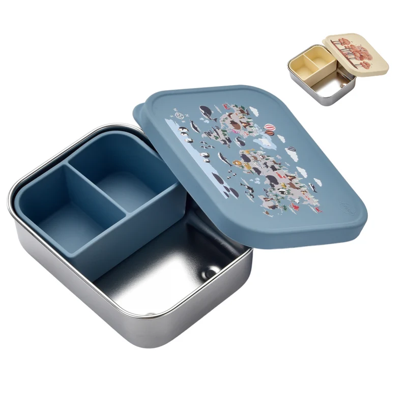 JENARD® Brotdose für Kinder, Edelstahl mit Silikondeckel, inkl. Trennfach - Blau / Weltkarte mit Tiere