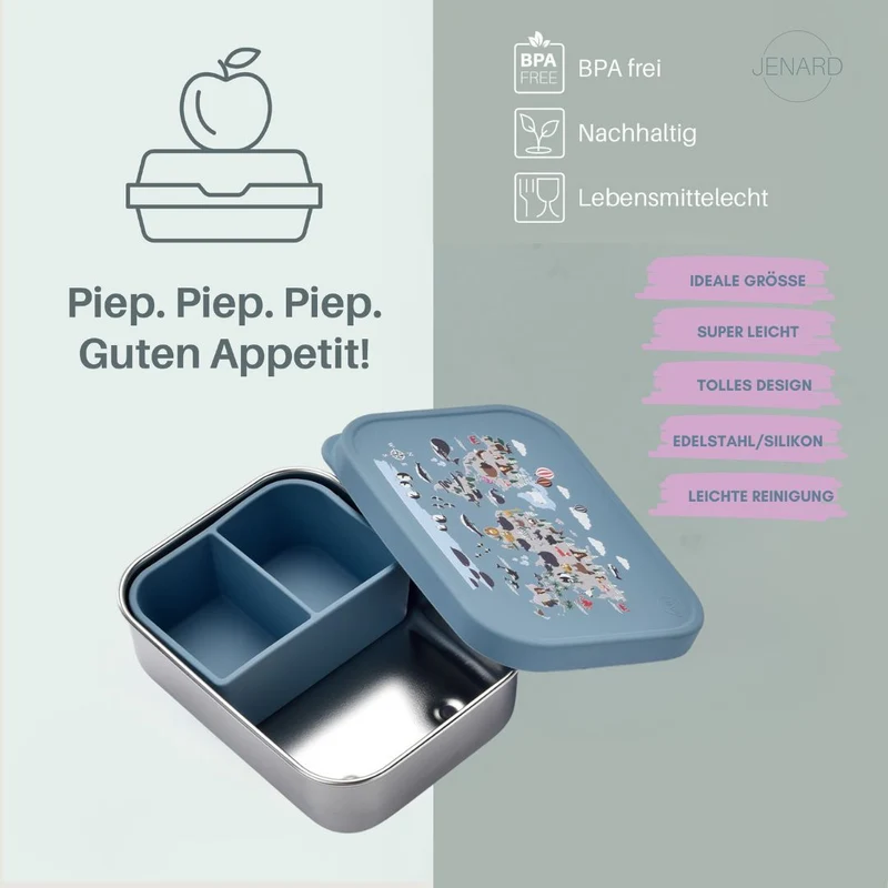 JENARD® Brotdose für Kinder, Edelstahl mit Silikondeckel, inkl. Trennfach - Blau / Weltkarte mit Tiere