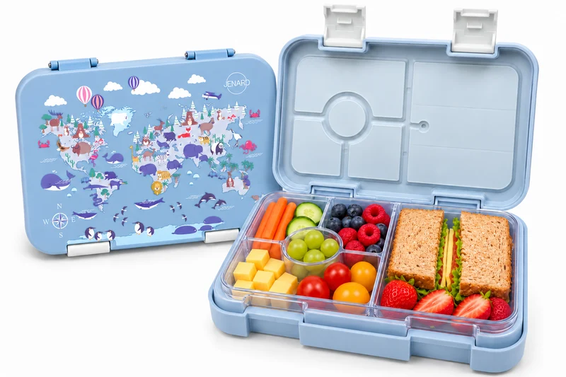 Brotdose Kinder auslaufsicher mit Fächern – Bento Lunchbox Kindergarten BPA frei - Weltkarte mit Tiere – JENARD