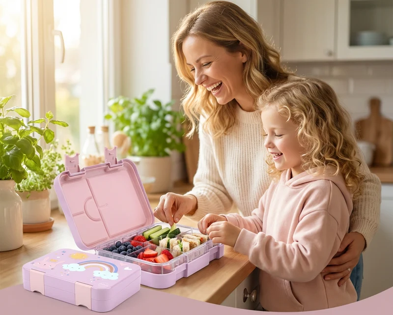 Brotdose Kinder auslaufsicher mit Fächern – Bento Lunchbox Kindergarten BPA frei – Regenbogen - JENARD