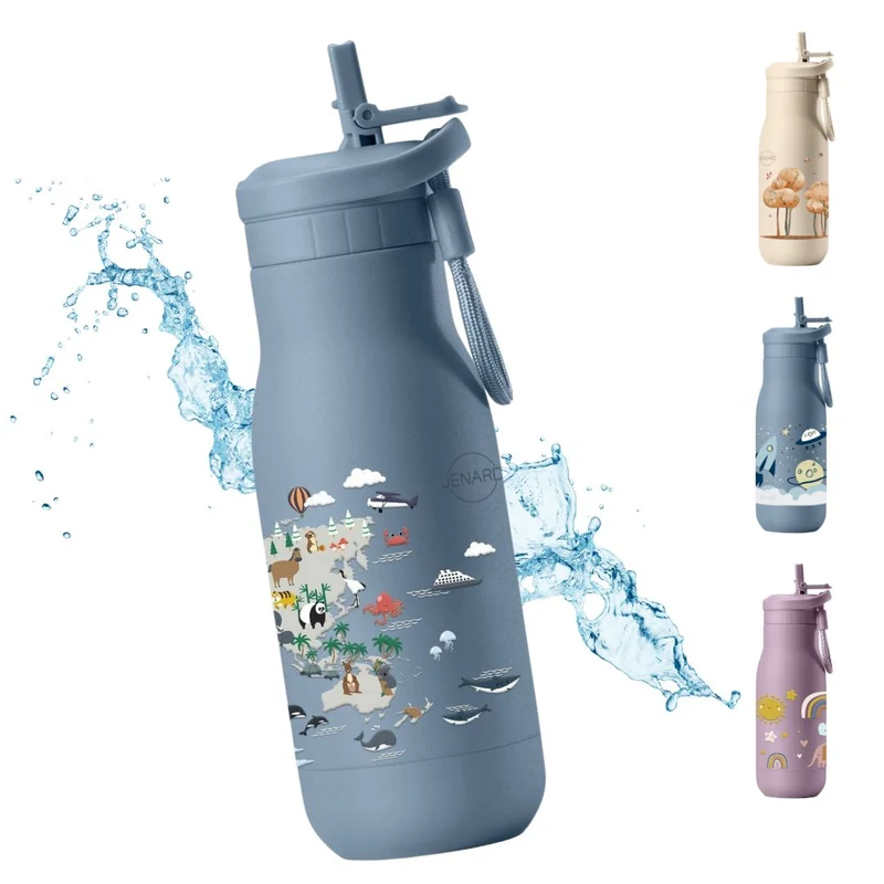 JENARD® Edelstahl Trinkflasche Kinder – Weltkarte Blau