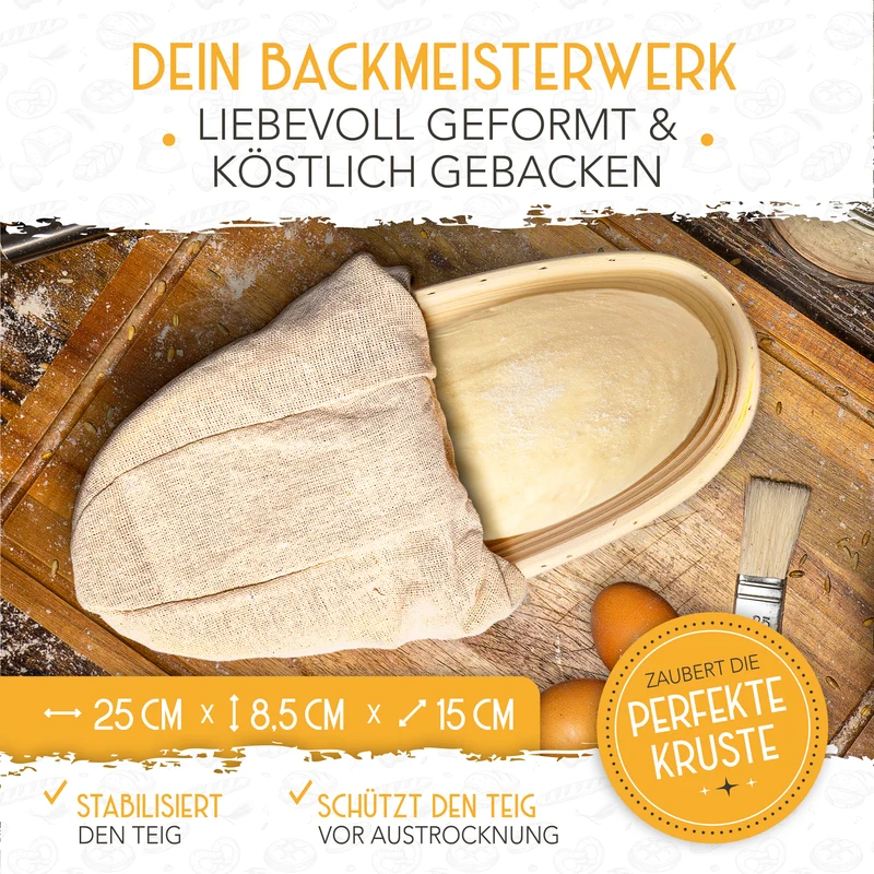 Vorteilspack - 2x Gärkörbchen, 600ml Sauerteig Starter Set, Bäckermesser, Spatel, Teigbesen, Teigkarte