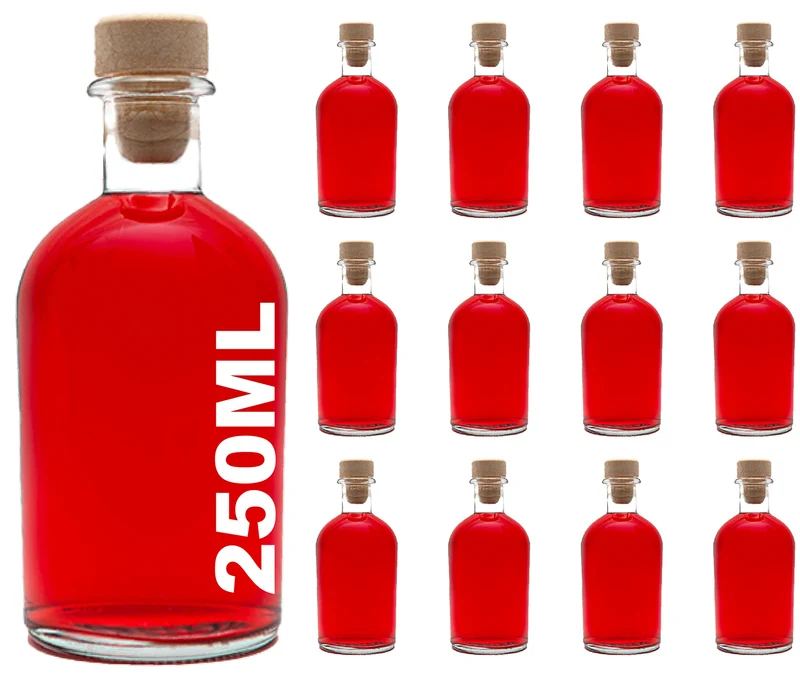 casavetro 12 x Glasflaschen 250ml Leere Likörflaschen 250 ml Apothekerflasche 0,25l mit Griffkorken zum Befüllen Kleine Glas Flasche Korken Likör Öl Essig Geschenk Weihnachten