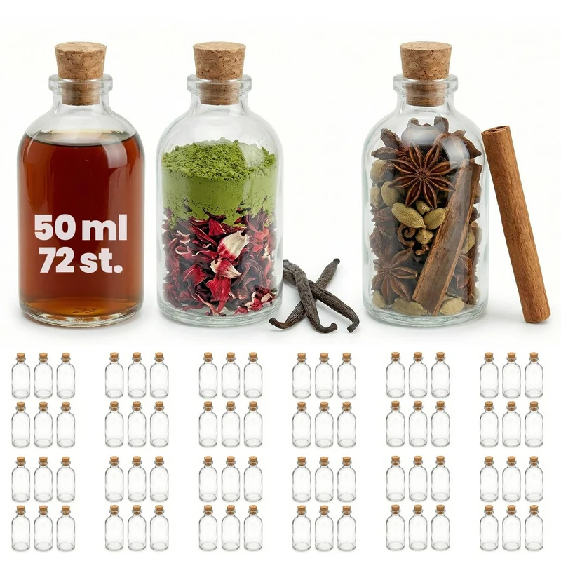 casavetro 72 Glasflaschen 50ml mit Korken – Kleine Flaschen zum Befüllen klar & leer – Likörflaschen Glasfläschchen Mini 50 ml für Deko Gastgeschenke DIY Hochzeit