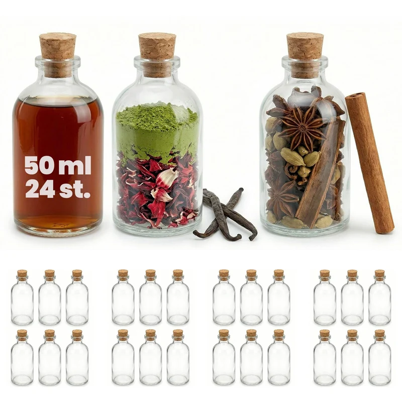 casavetro 24 Glasflaschen 50ml mit Korken – Kleine Flaschen zum Befüllen klar & leer – Likörflaschen Glasfläschchen Mini 50 ml für Deko Gastgeschenke DIY Hochzeit