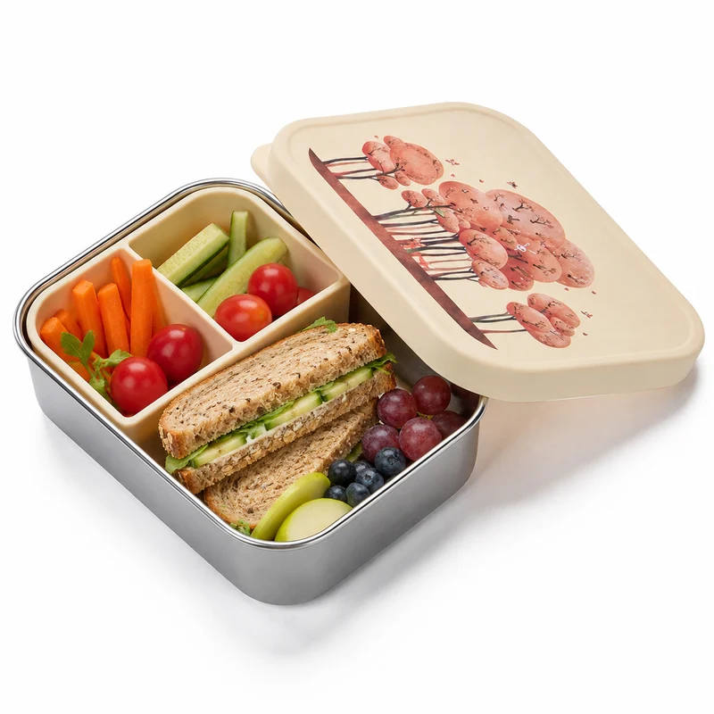 JENARD® Brotdose für Kinder, Edelstahl mit Silikondeckel, inkl. Trennfach - Creme / Tiere im Wald
