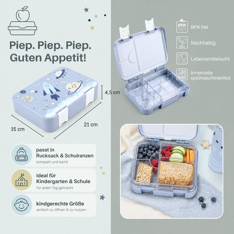 Brotdose Kinder auslaufsicher mit Fächern – Bento Lunchbox Kindergarten BPA frei – Space - JENARD