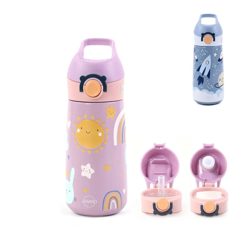 JENARD® Trinkflasche für Kinder aus doppelwandigem Edelstahl - Rosa / Regenbogen