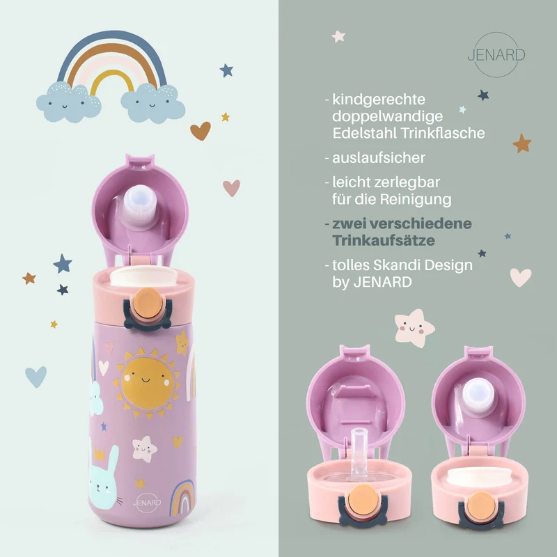 JENARD® Trinkflasche für Kinder aus doppelwandigem Edelstahl - Rosa / Regenbogen